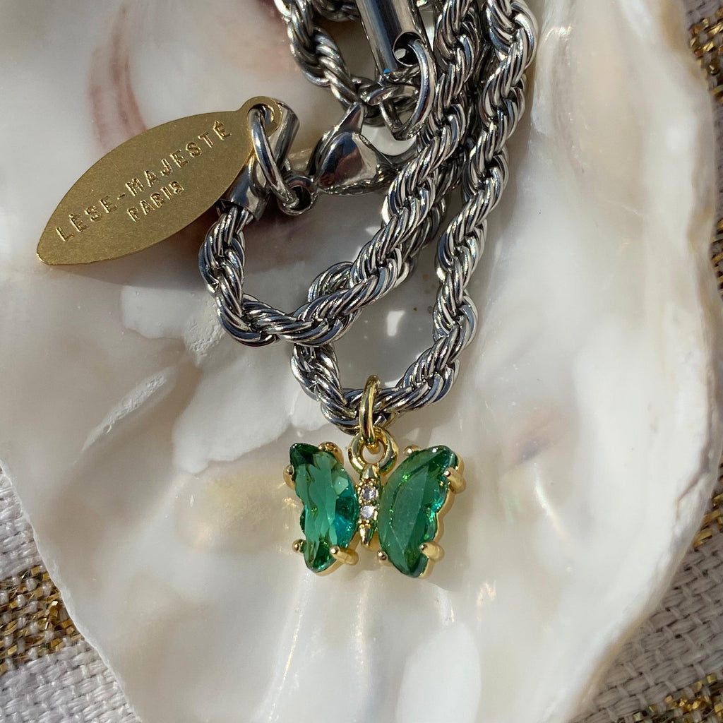 COLLIER "PROTECTION" - Petit Papillon - vert - 60cm - doré & argenté Lèse-Majesté