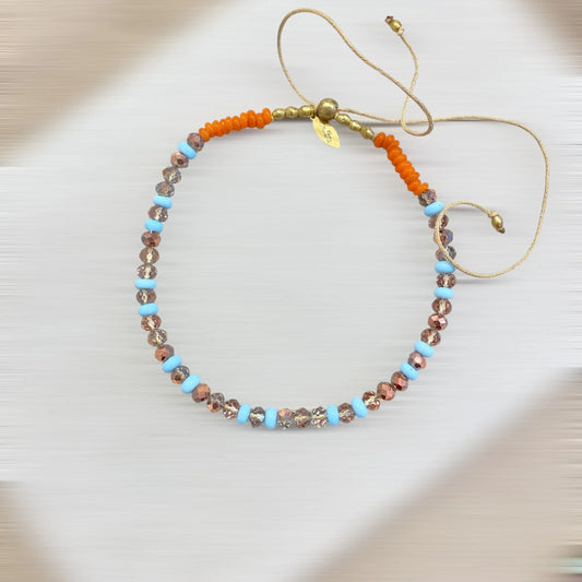 COLLIER CORDON NOMADE BOHÈME (verre & cristall / turquoise & orange & nude) – AJUSTABLE Lèse-Majesté