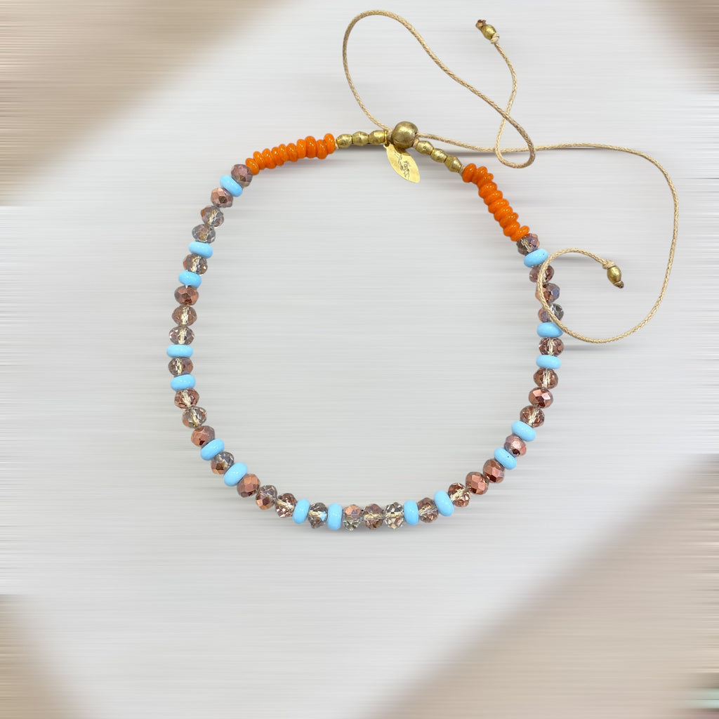 COLLIER CORDON NOMADE BOHÈME (verre & cristall / turquoise & orange & nude) – AJUSTABLE Lèse-Majesté