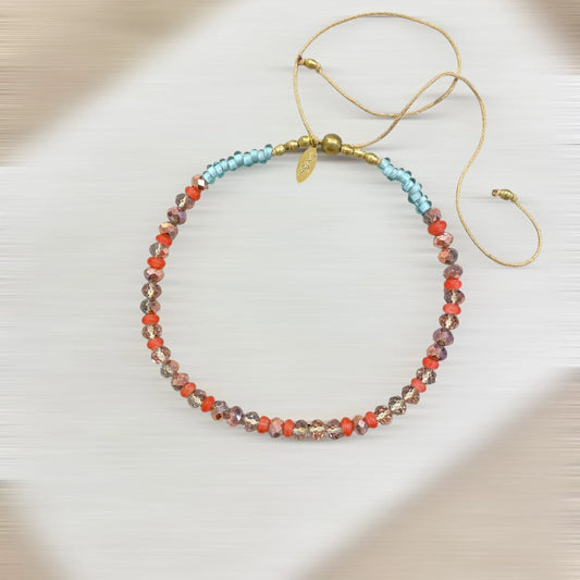 COLLIER CORDON NOMADE BOHÈME (verre & cristal / vert d’eau & orange sanguine & nude) – AJUSTABLE Lèse-Majesté