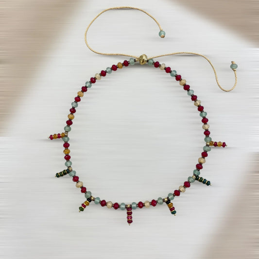 COLLIER CORDON NOMADE GYPSIE (fluorite & aventurine & calcédoine / vert d’eau & violet & rouge) – AJUSTABLE Lèse-Majesté
