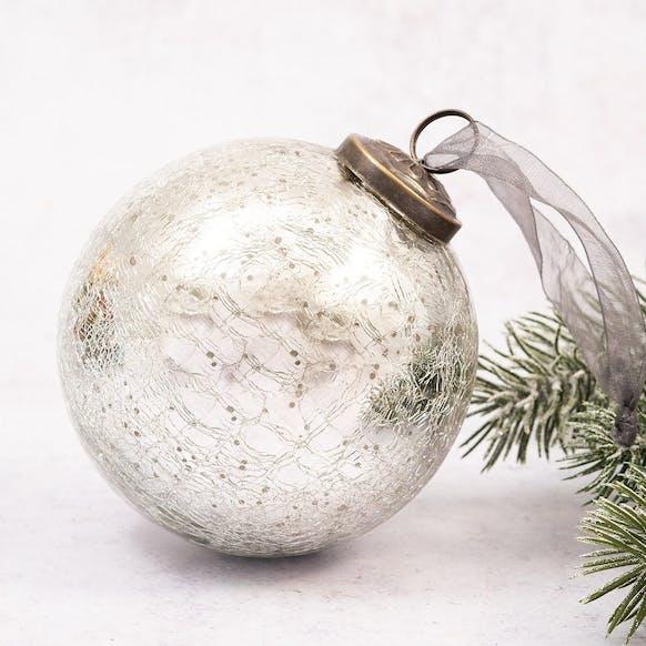 Boule de Noël extra large en verre craquelé Argent 4" BOLLYWOOD CHRISTMAS