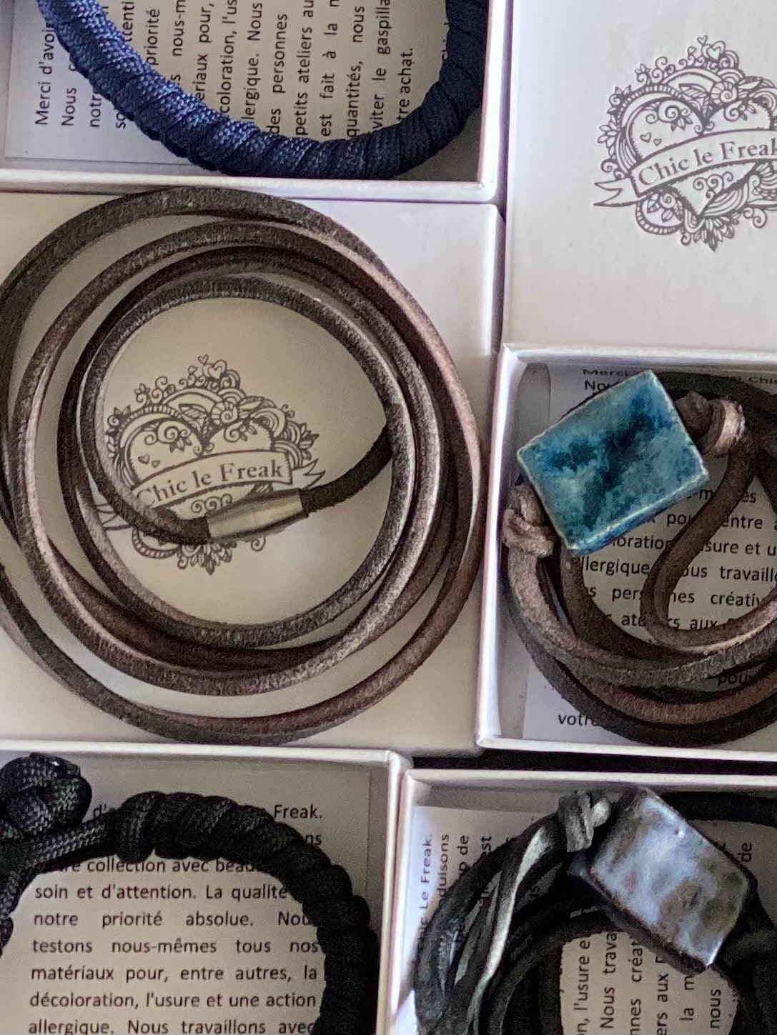 Bracelet cuir & céramique marron/bleu Chic le Freak