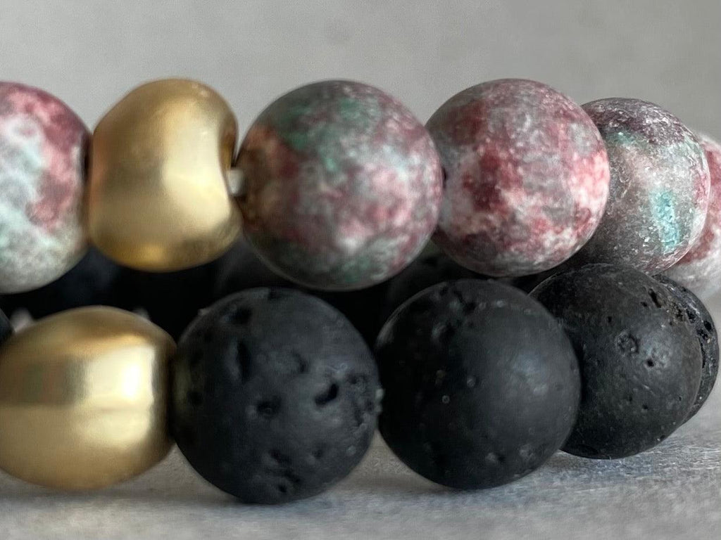 Bracelets pierre de roche naturelle 8mm - Vert / Noir / Doré - Paire EVERMINE